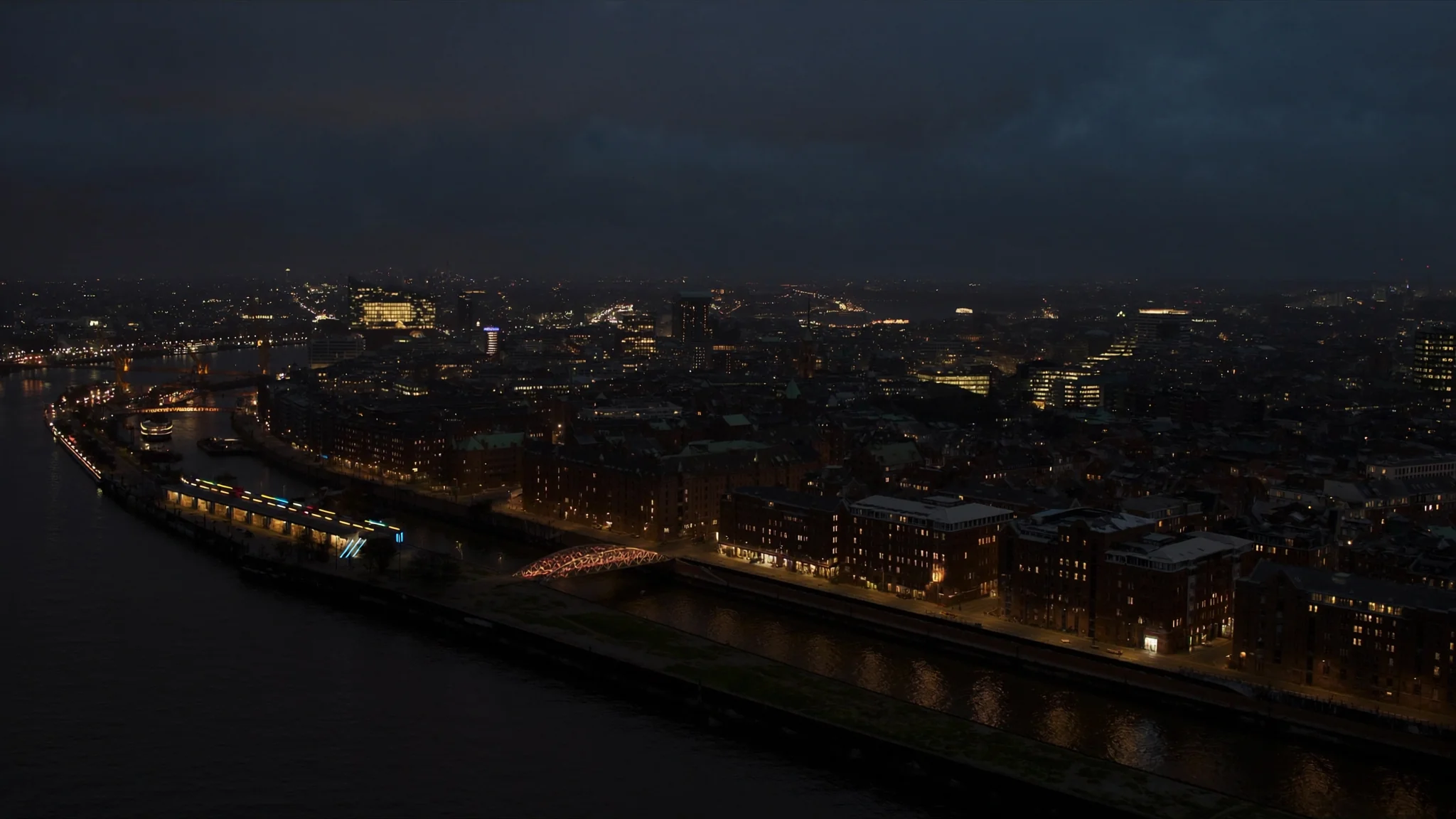 Hamburg Hafen und Speicherstadt von oben bei blauer Stunde — Sitz von MatrixX