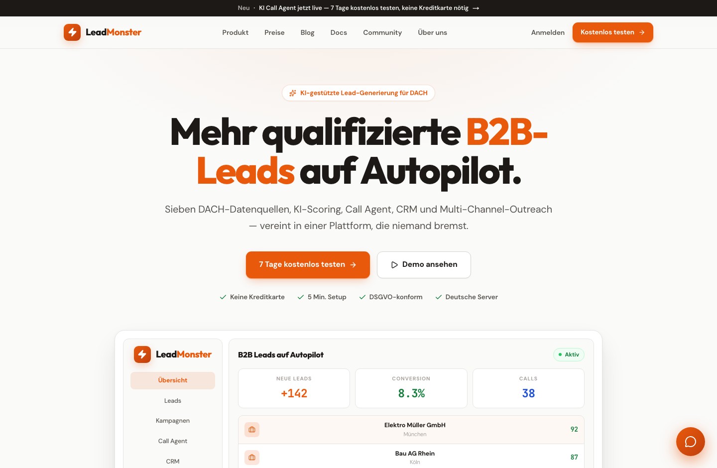 Hero-Bereich der Lead-Monster-Startseite für B2B-Leadrecherche und Vertrieb