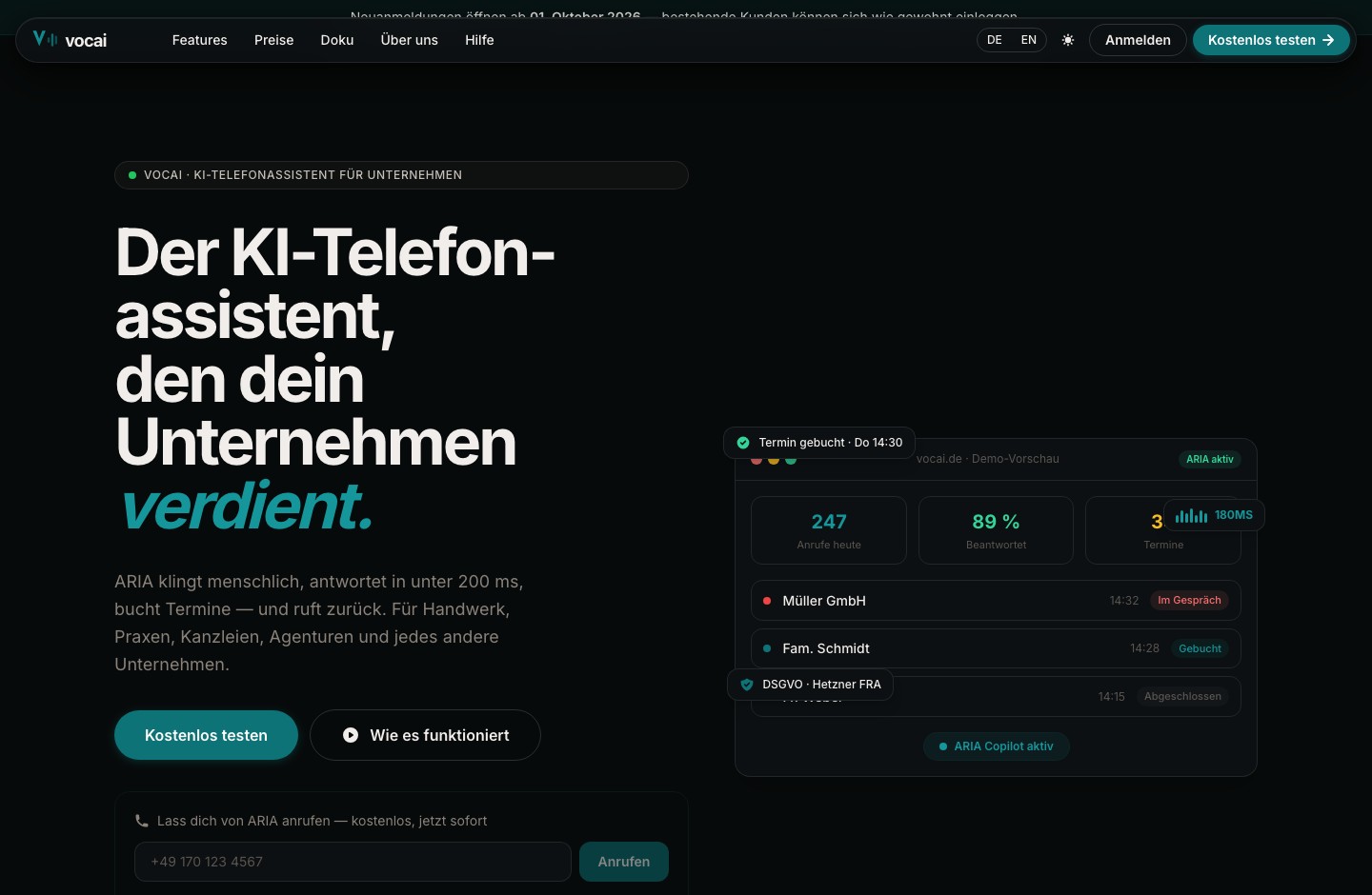Hero-Bereich der VOCAI-Startseite mit KI-Telefonassistent ARIA